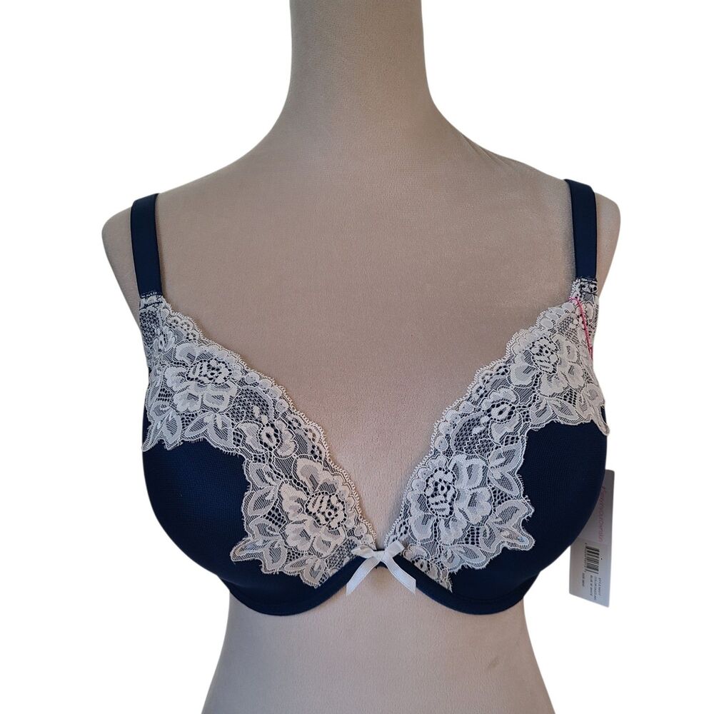 Honey B Dazzling Blue White Lace Trim Underwire Plunge NA317 Coquette Bra 36DD